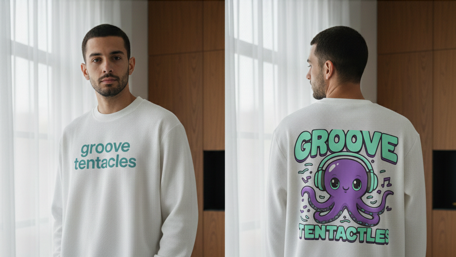 Person wearing a white sweatshirt with 'groove tentacles' text and octopus graphic.